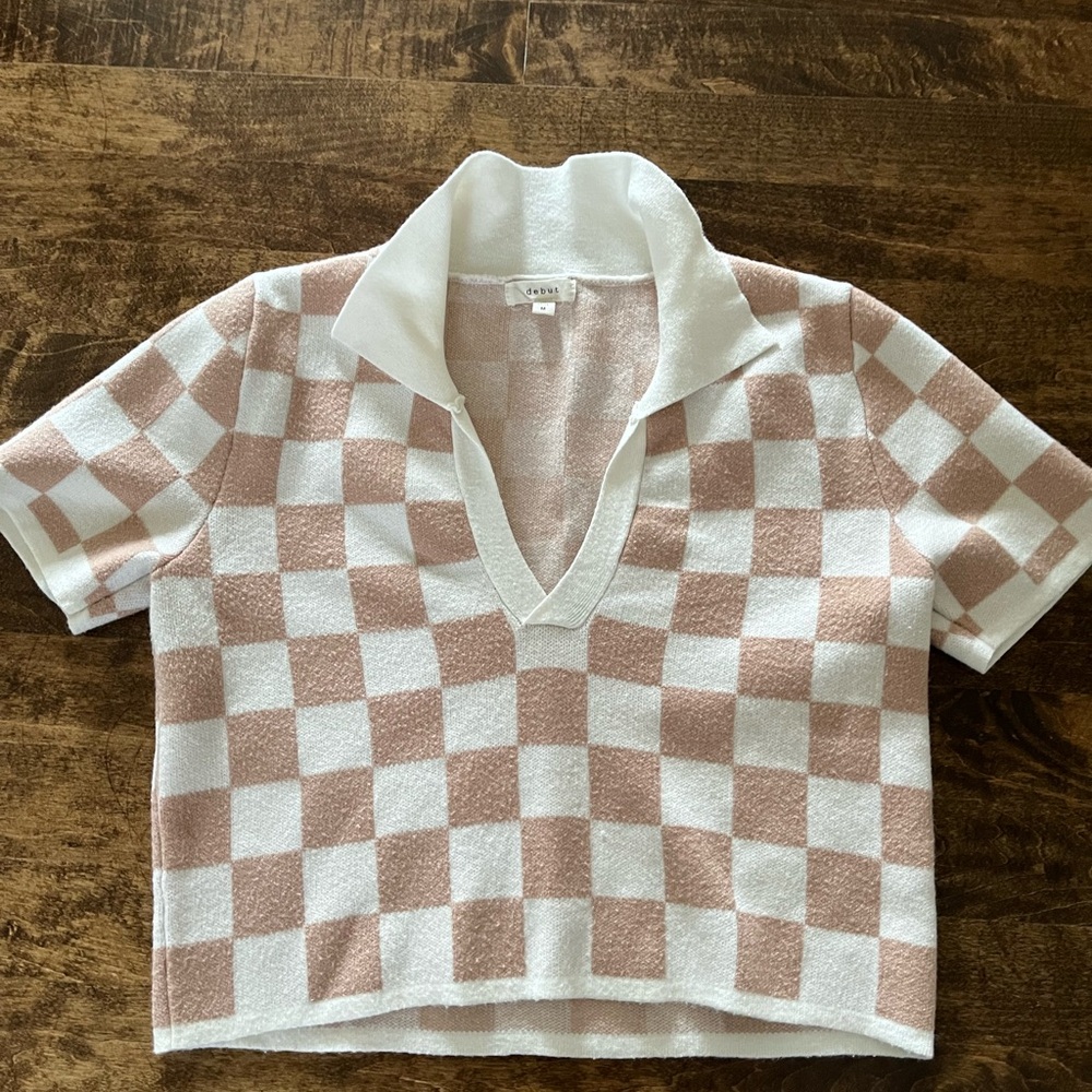 debut Pink and White Checkerboard Knit Crop Top